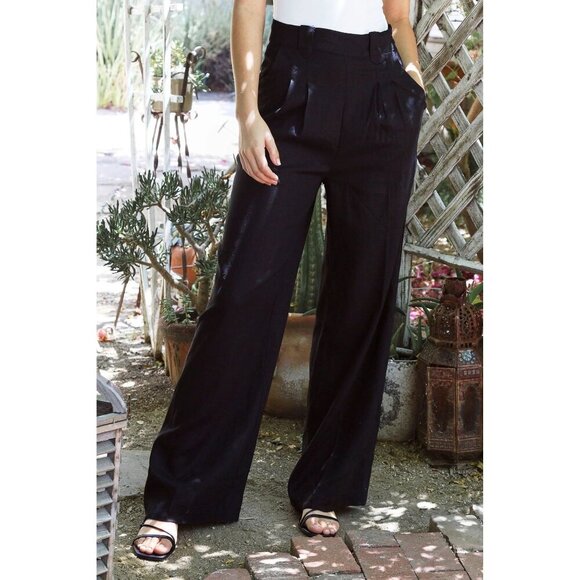 Fashion Nova Gia Black Linen Wide Leg High Rise Pants L - Picture 1 of 6